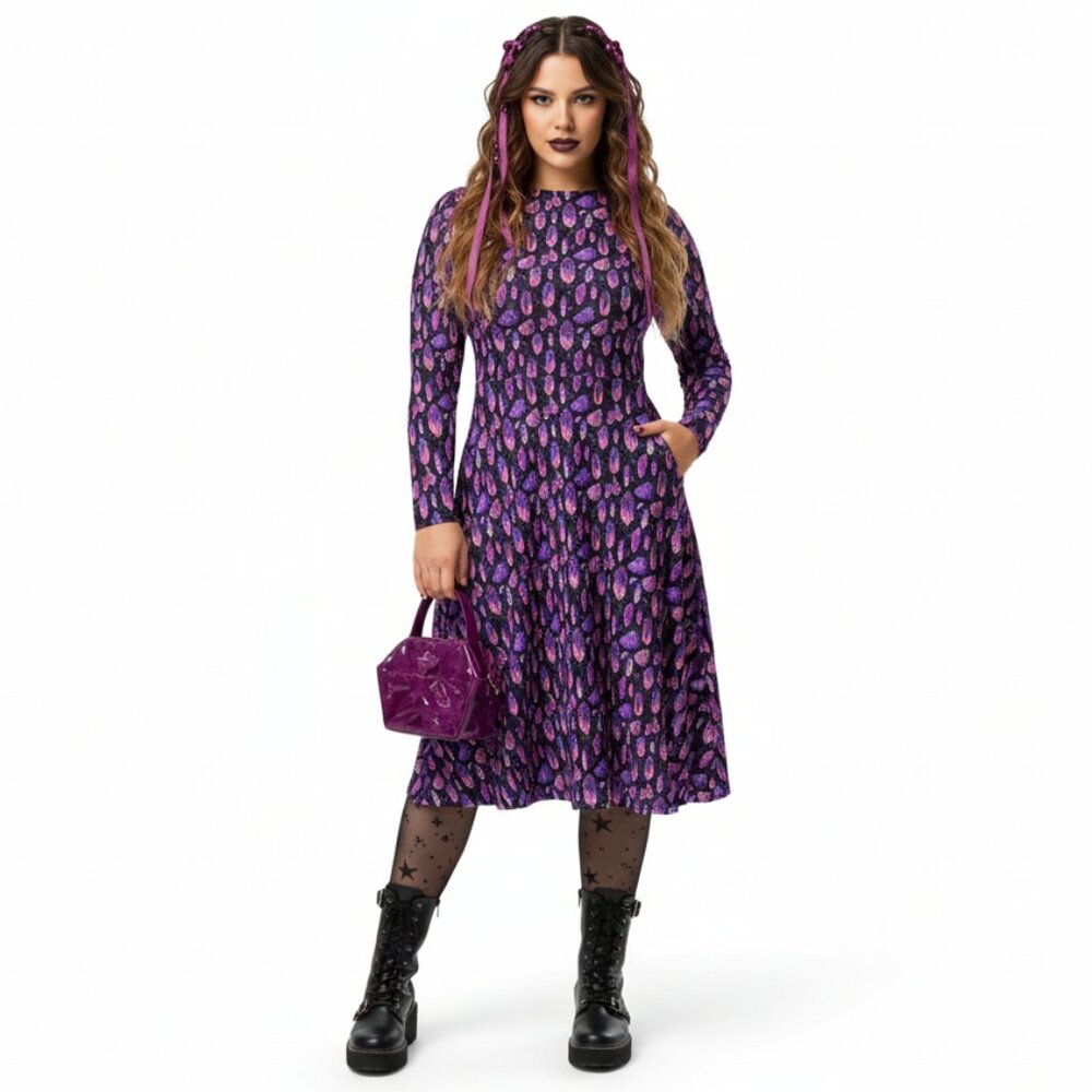 Whimsigoth Purple Crystal Long Sleeve Midi Dress